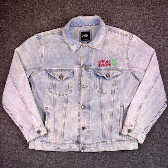 Zara Other - ZARA Acid Wash Denim Jacket Men XL Graphic Distressed Urban Graffiti Trucker Y2k